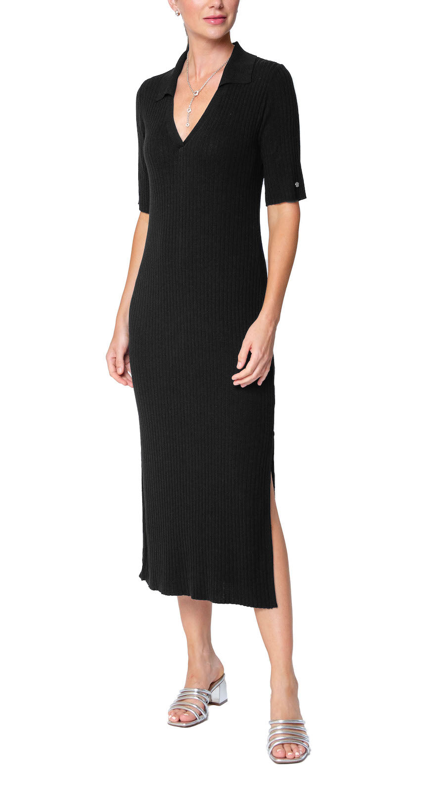 black rib knit midi dress Gillian Rib Knit Midi Polo Dress; Black XL