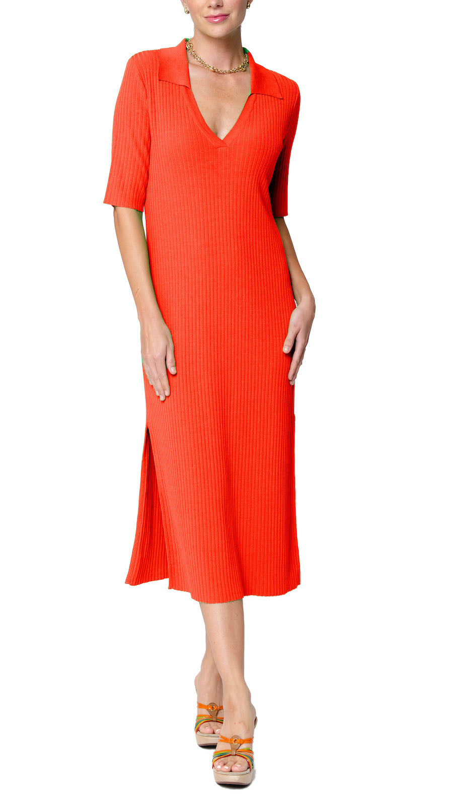 BIANA Gillian Rib Knit Midi Polo Dress - Bright Orange L BIANA Gillian Rib Knit Midi Polo Dress - Bright Orange L