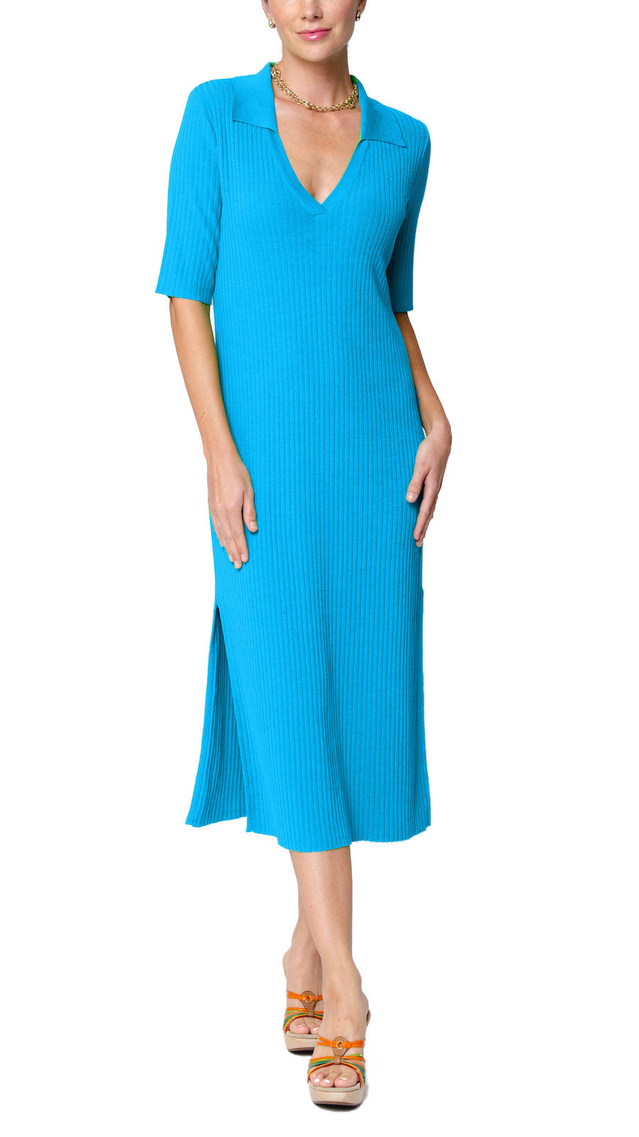 Gillian Rib Knit Midi Polo Dress; Turquoise M
