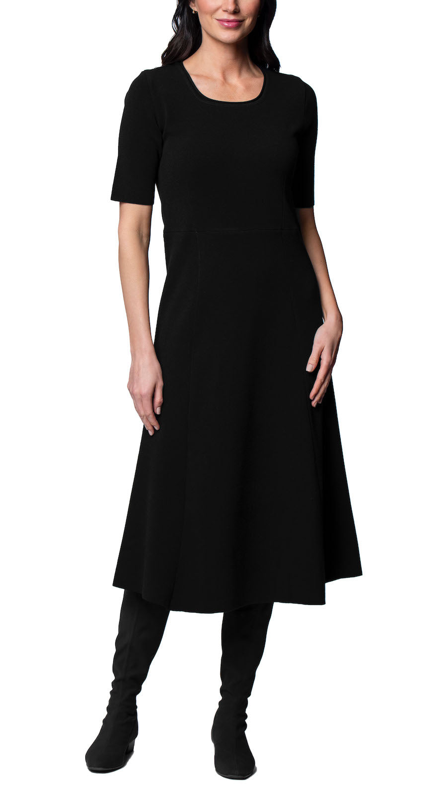 Nora Milano Knit Short Sleeved Fit-And-Flare Midi Dress - Black / Fall Barbara Katz Nora Milano Knit Short Sleeved Fit-And-Flare Midi Dress - Black / Fall Barbara Katz