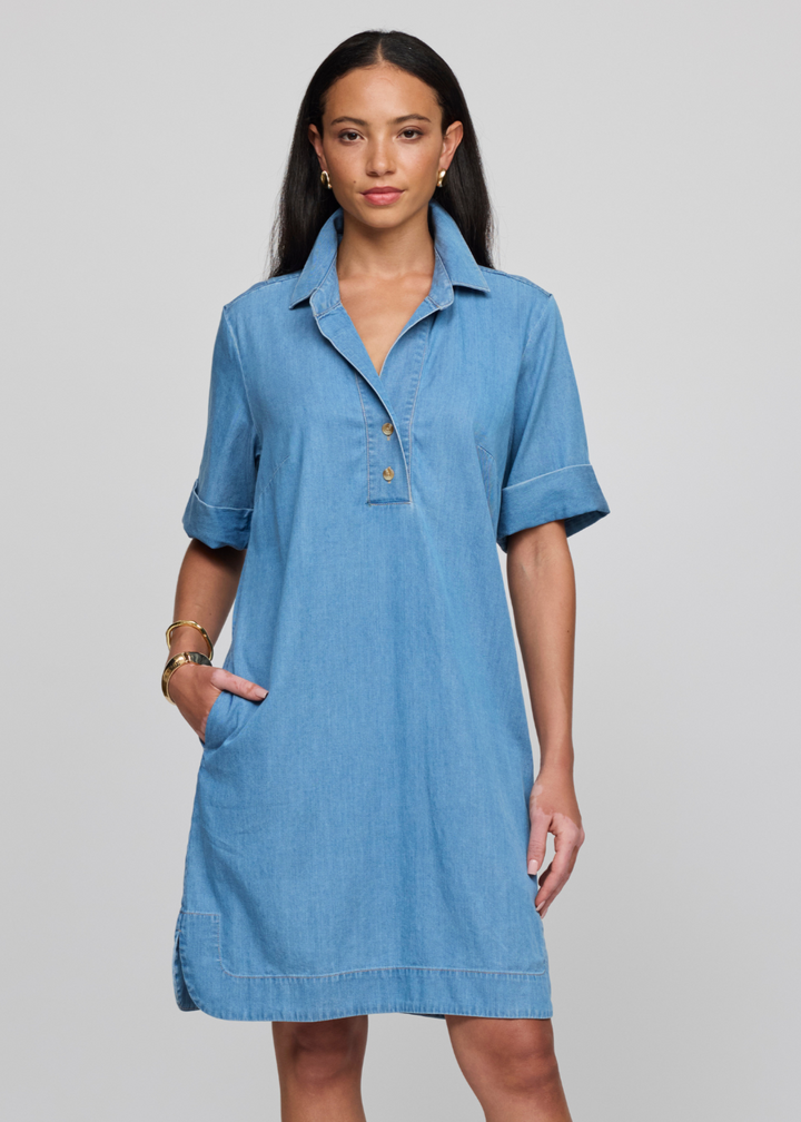 Hinson Wu Aileen Short Sleeve Denim Tencel Dress in Light Wash available at Barbara Katz