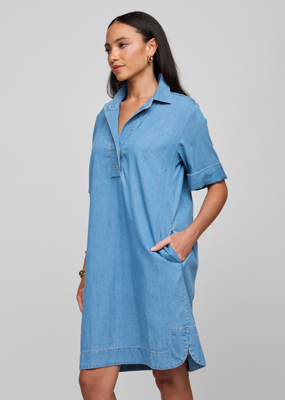 Hinson Wu Aileen Short Sleeve Denim Tencel Dress in Light Wash available at Barbara Katz