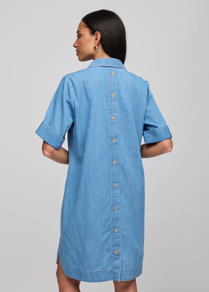 Hinson Wu Aileen Short Sleeve Denim Tencel Dress in Light Wash available at Barbara Katz