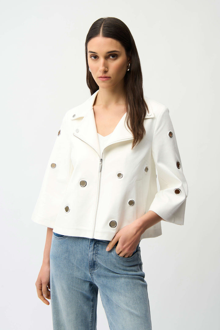 Joseph Ribkoff Foiled Faux Suede Swing Jacket With Grommets in Off White available at Barbara Katz