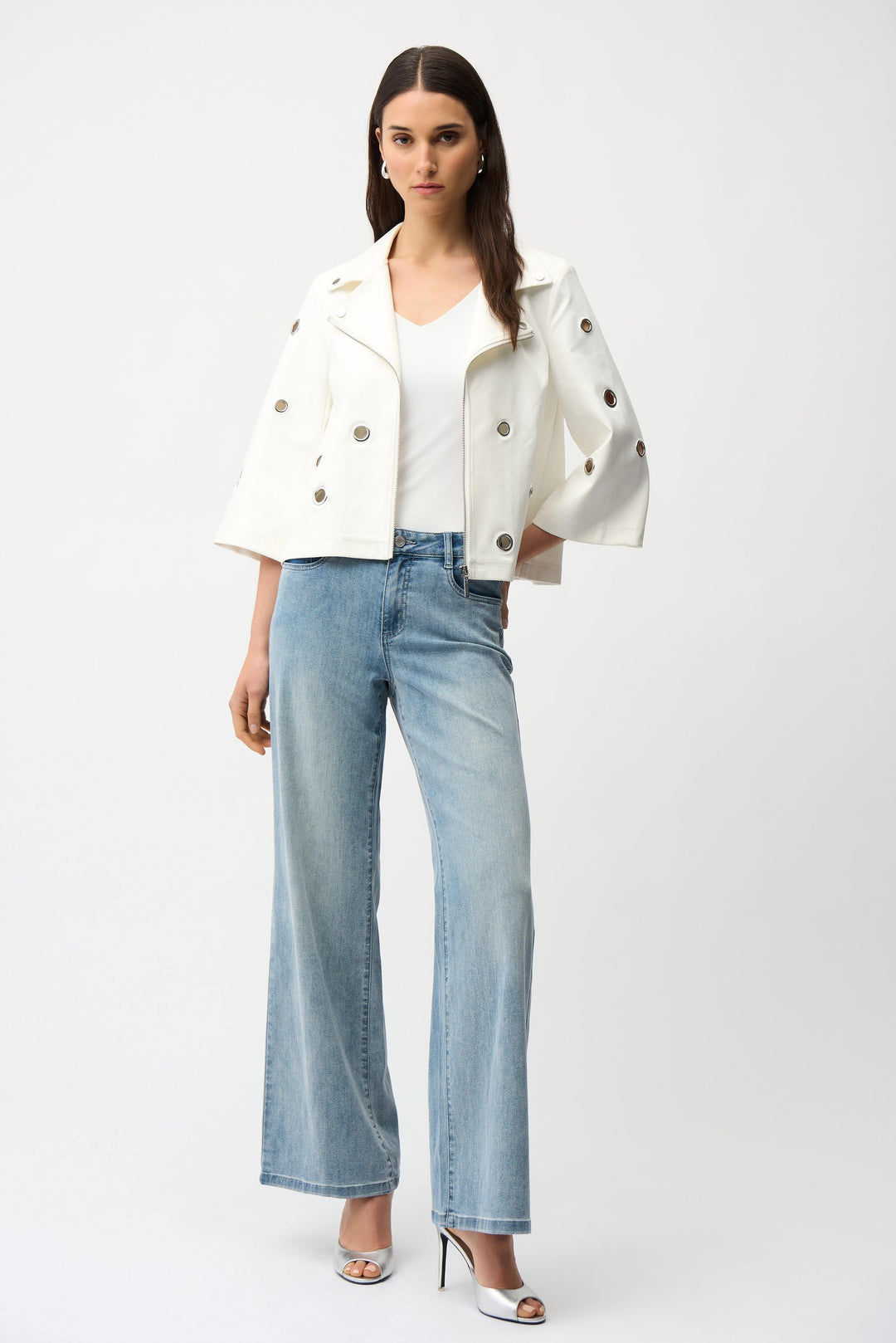 Joseph Ribkoff Foiled Faux Suede Swing Jacket With Grommets in Off White available at Barbara Katz