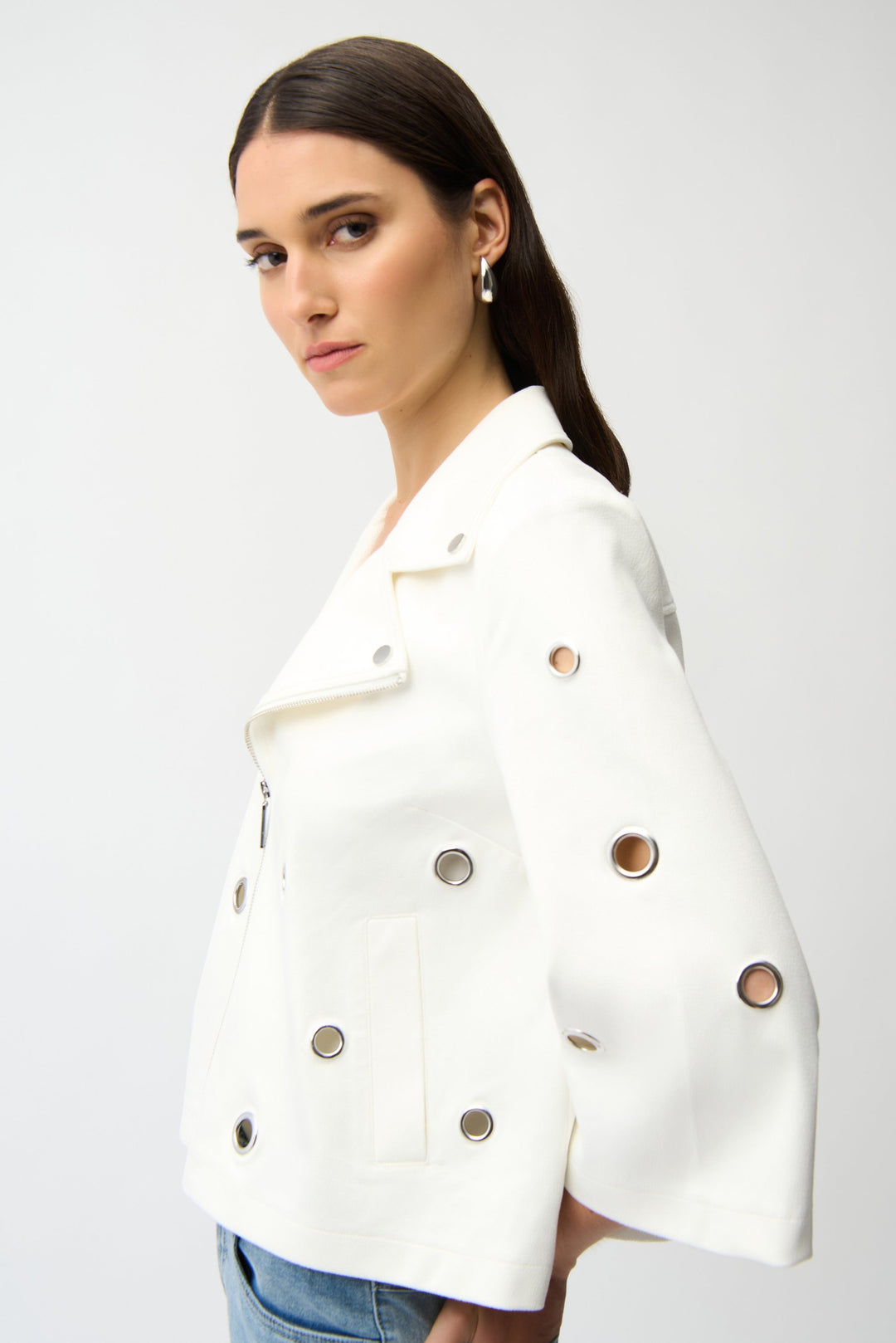 Joseph Ribkoff Foiled Faux Suede Swing Jacket With Grommets in Off White available at Barbara Katz