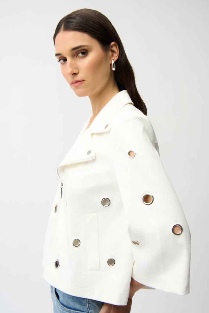 Joseph Ribkoff Foiled Faux Suede Swing Jacket With Grommets in Off White available at Barbara Katz