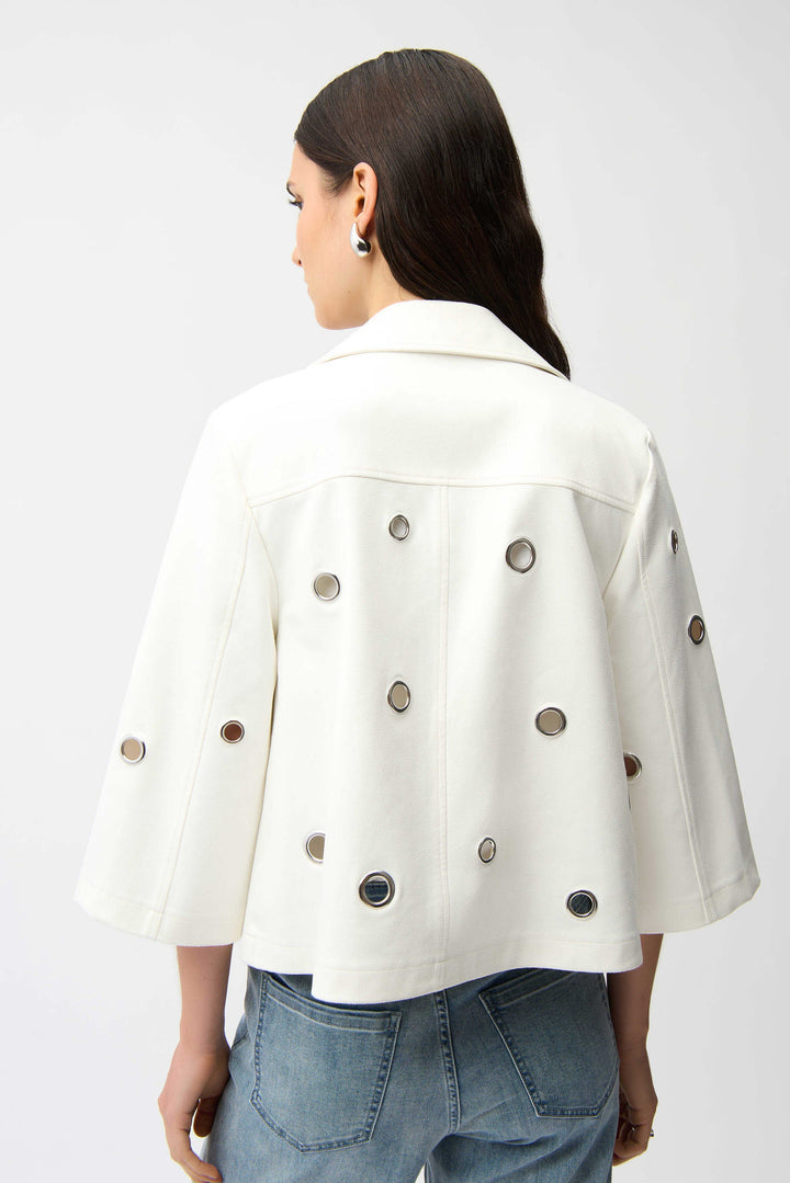 Joseph Ribkoff Foiled Faux Suede Swing Jacket With Grommets in Off White available at Barbara Katz