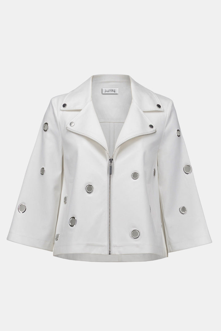 Joseph Ribkoff Foiled Faux Suede Swing Jacket With Grommets in Off White available at Barbara Katz