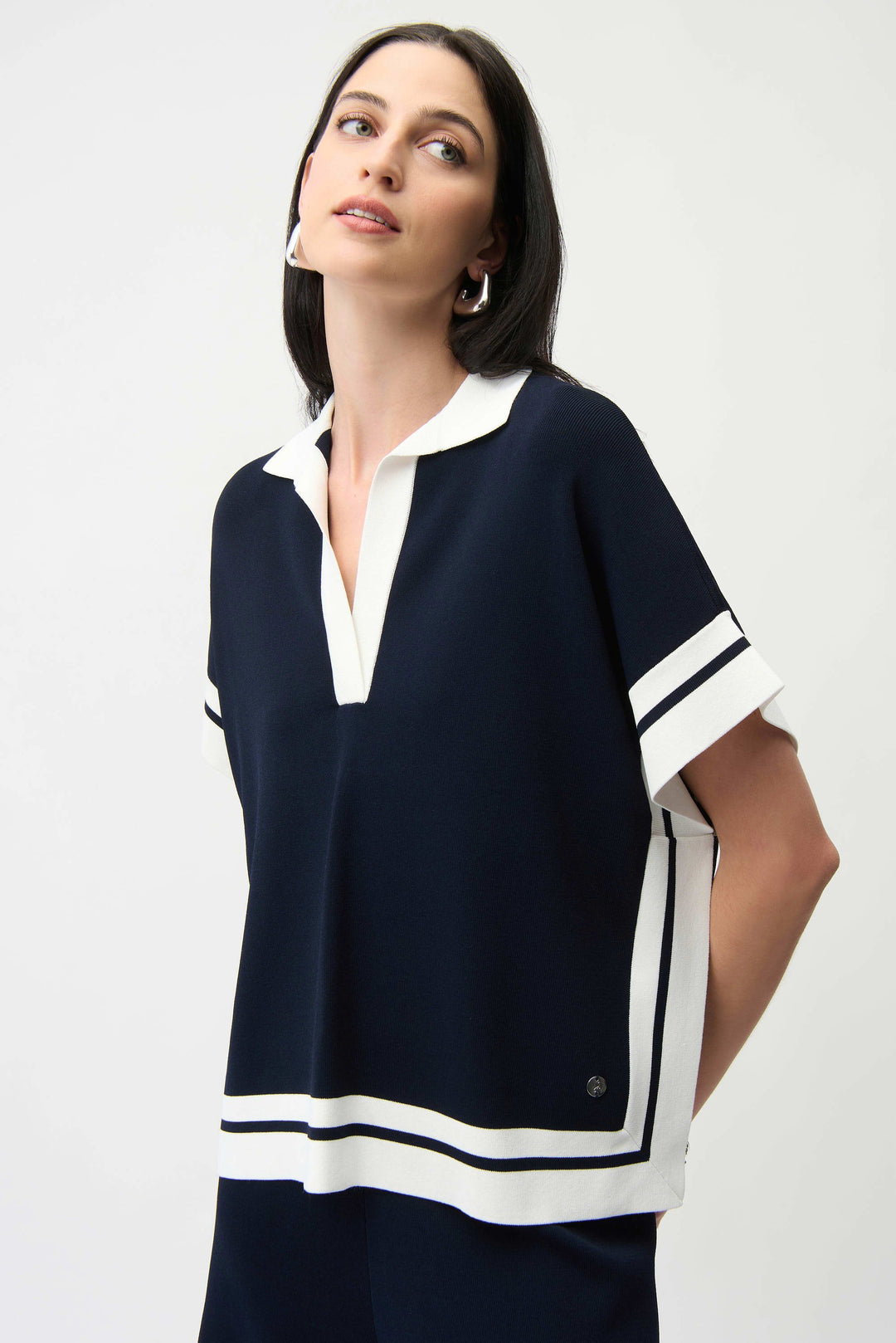 Joseph Ribkoff Boxy Collared Sweater With Stripe Detail in Midnight Blue/Vanilla available at Barbara Katz