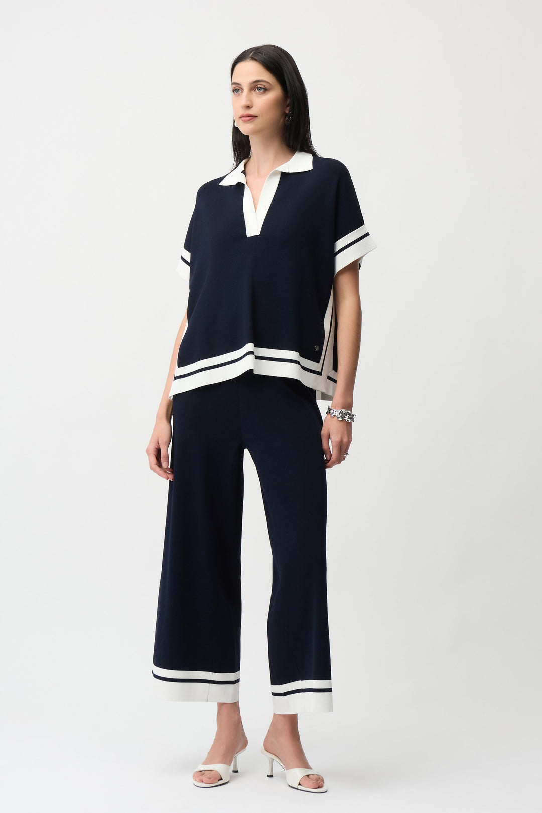 Joseph Ribkoff Boxy Collared Sweater With Stripe Detail in Midnight Blue/Vanilla available at Barbara Katz