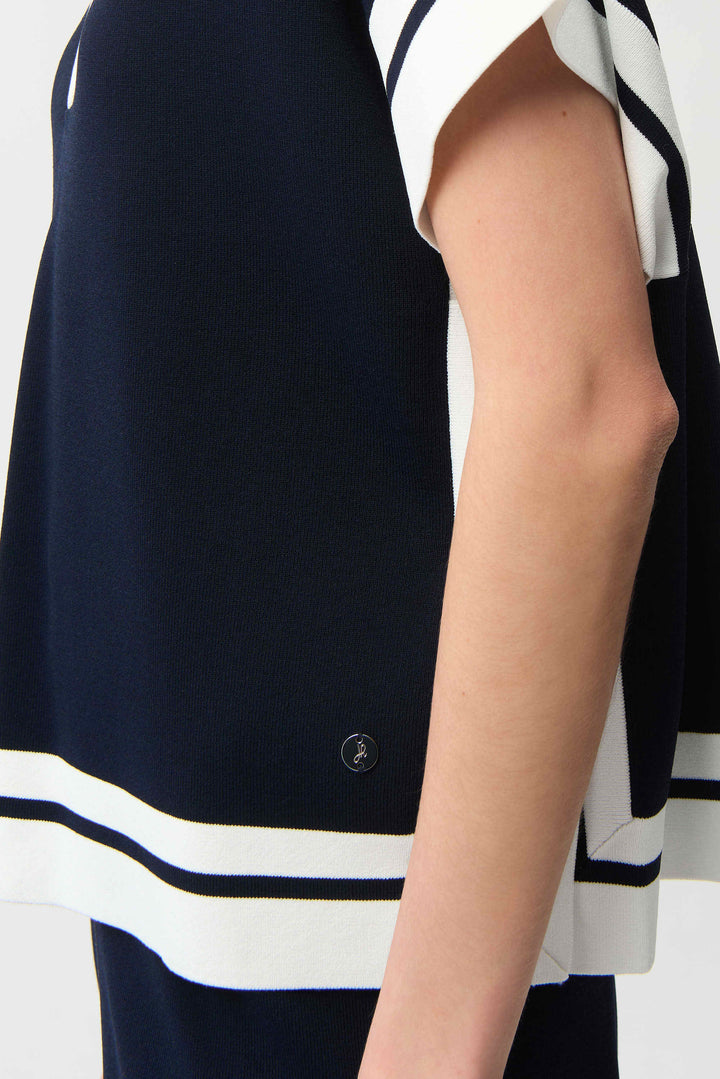 Joseph Ribkoff Boxy Collared Sweater With Stripe Detail in Midnight Blue/Vanilla available at Barbara Katz