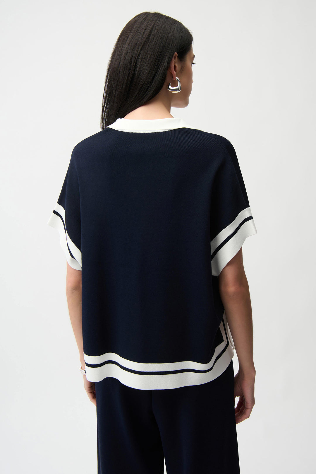 Joseph Ribkoff Boxy Collared Sweater With Stripe Detail in Midnight Blue/Vanilla available at Barbara Katz