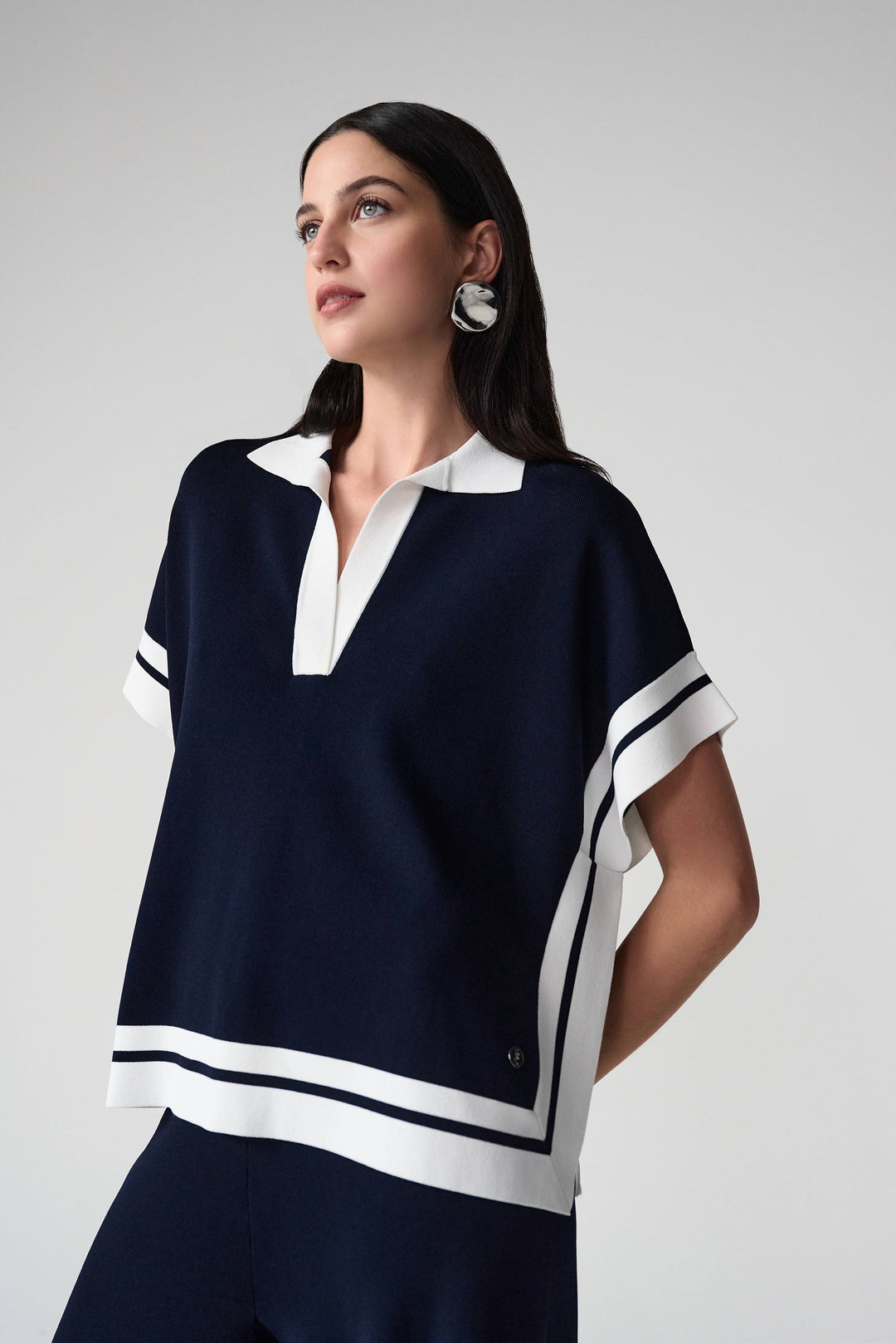 Joseph Ribkoff Boxy Collared Sweater With Stripe Detail in Midnight Blue/Vanilla available at Barbara Katz