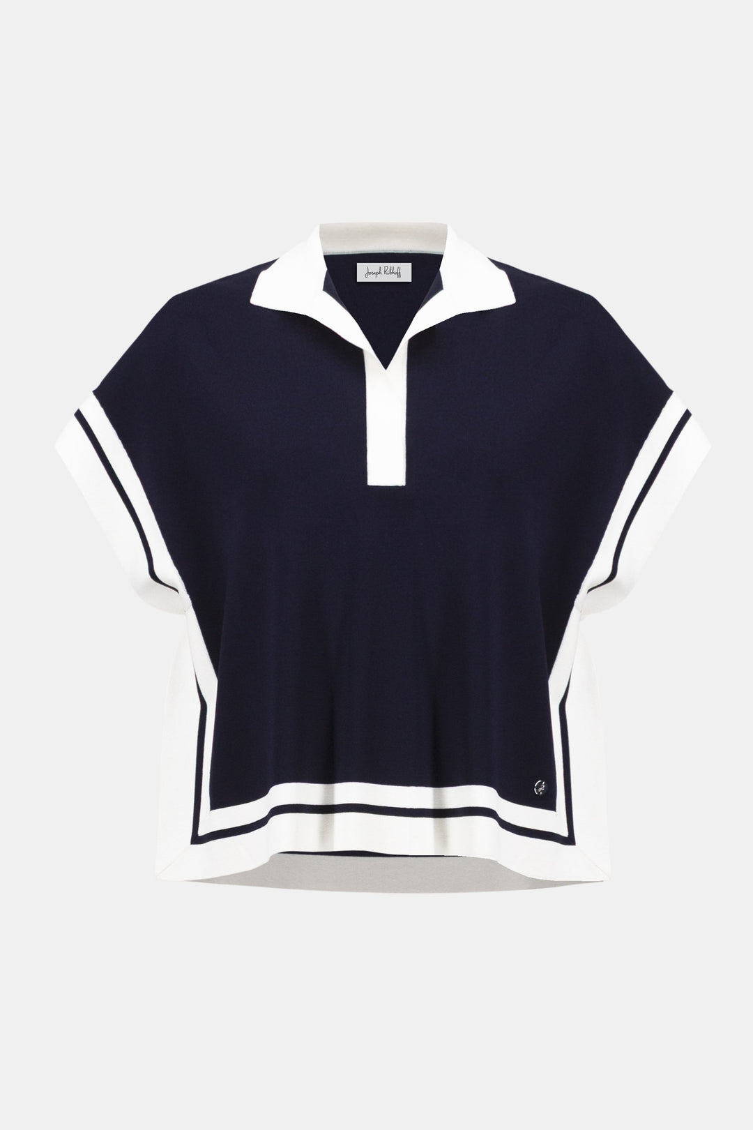 Joseph Ribkoff Boxy Collared Sweater With Stripe Detail in Midnight Blue/Vanilla available at Barbara Katz