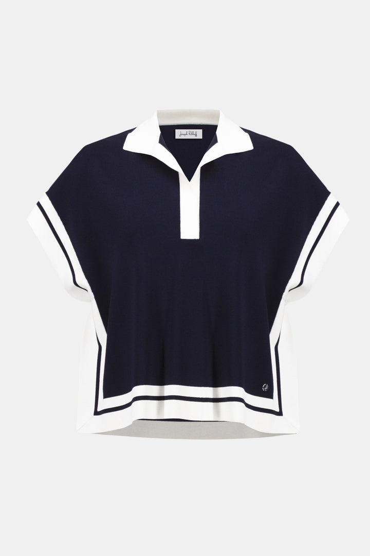 Joseph Ribkoff Boxy Collared Sweater With Stripe Detail in Midnight Blue/Vanilla available at Barbara Katz