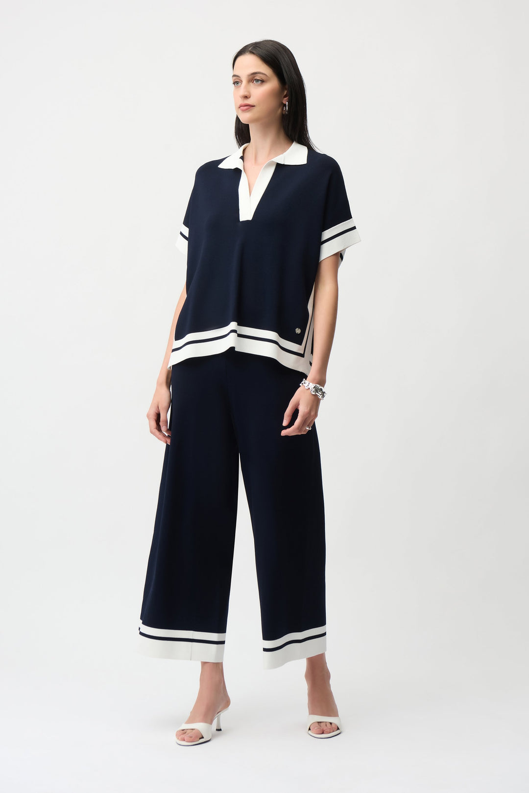 Joseph Ribkoff Culotte Pants With Stripe Detail in Midnight Blue/Vanilla available at Barbara Katz