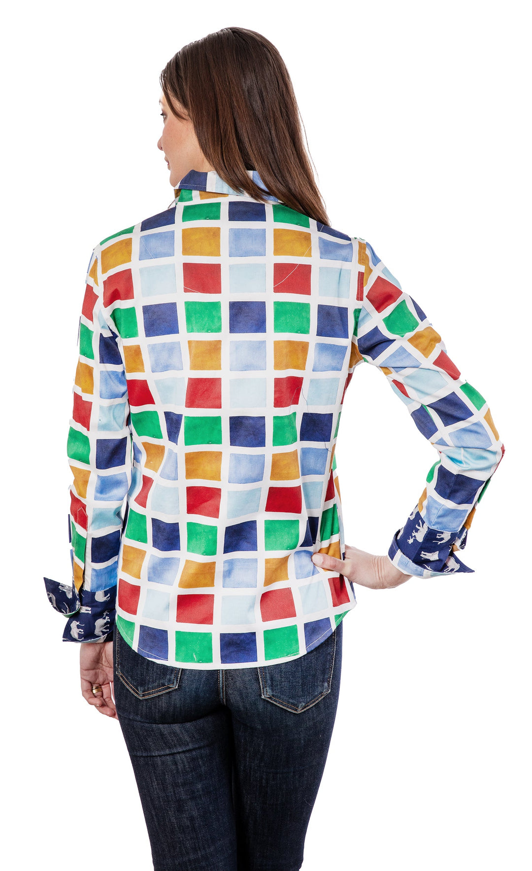 Dizzy-Lizzie Rome Long Sleeve Shirt - Multi Colored Boxes available at Barbara Katz