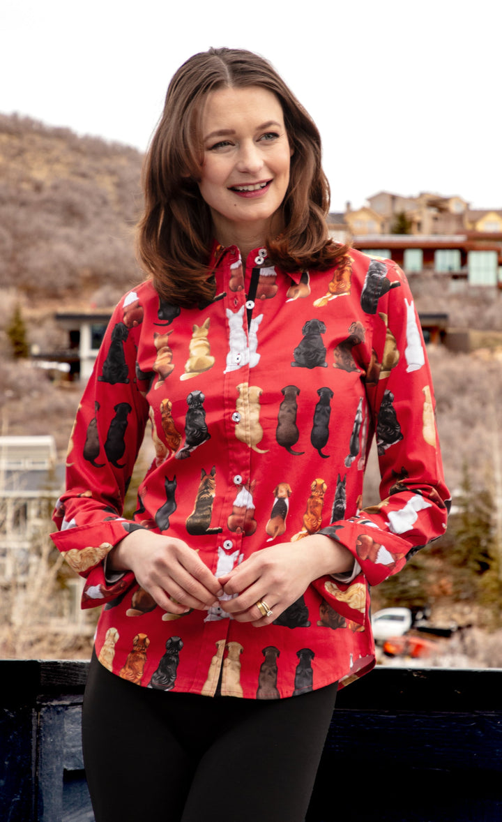 Dizzy-Lizzie Rome Long Sleeve Shirt - Doggies Waiting for Treats Red Ground available at Barbara Katz