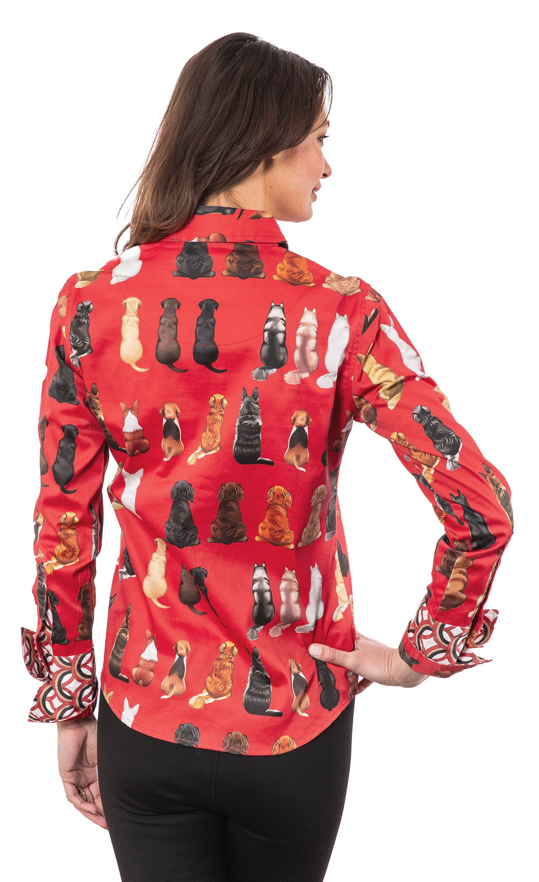 Dizzy-Lizzie Rome Long Sleeve Shirt - Doggies Waiting for Treats Red Ground available at Barbara Katz