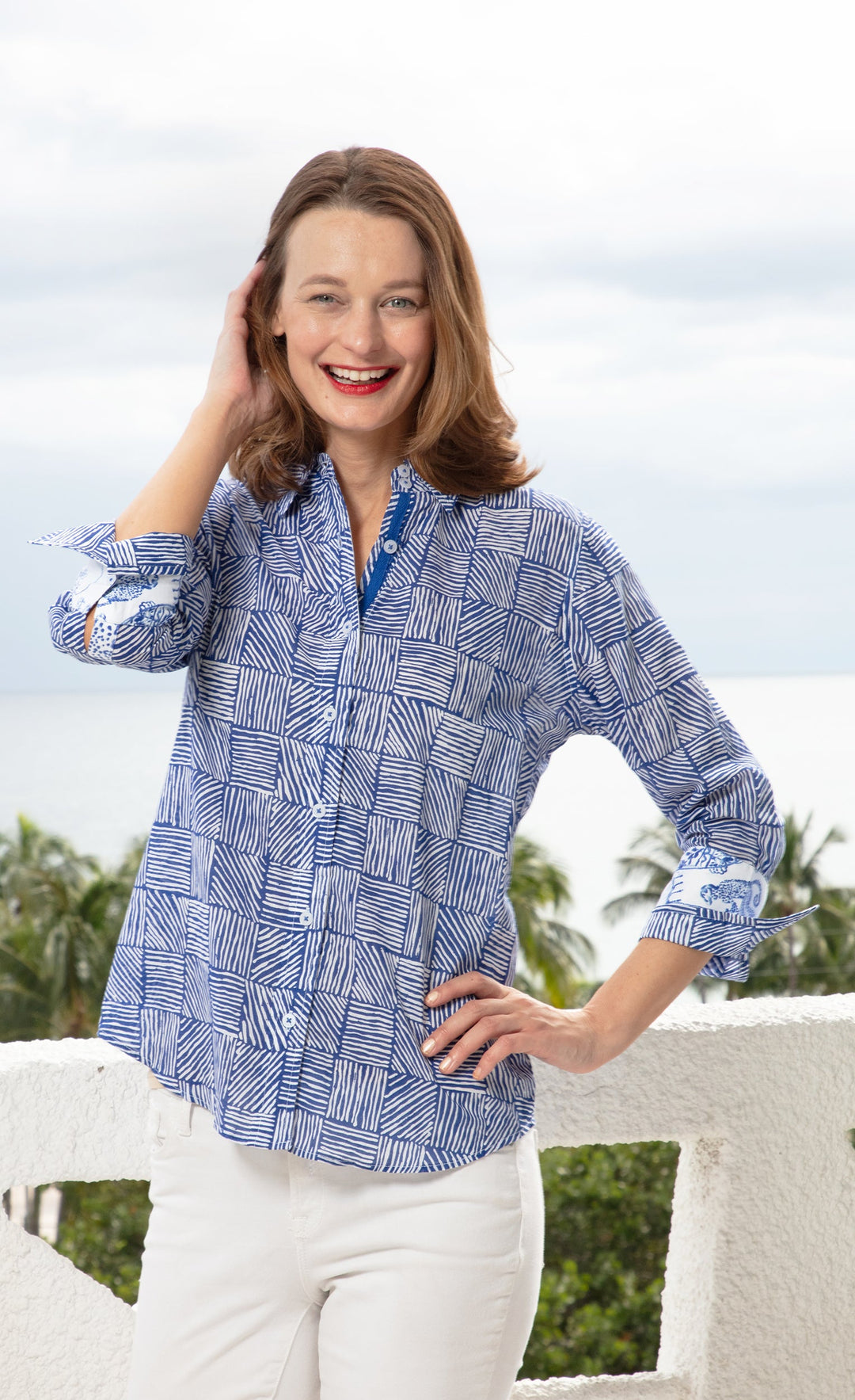 Dizzy-Lizzie Rome Shirt With 3/4 Sleeves - Navy White Criss Cross Boxes