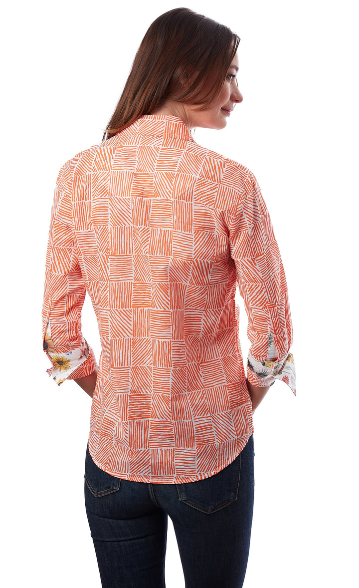 Dizzy-Lizzie Rome 3/4 Sleeve Shirt - Orange White Geo available at Barbara Katz