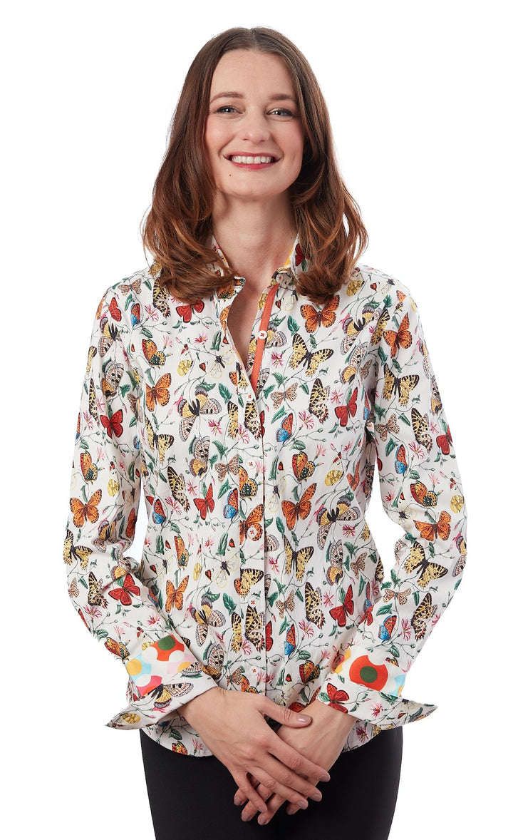 Dizzy-Lizzie Rome Long Sleeve Shirt - White Flame Butterflies available at Barbara Katz
