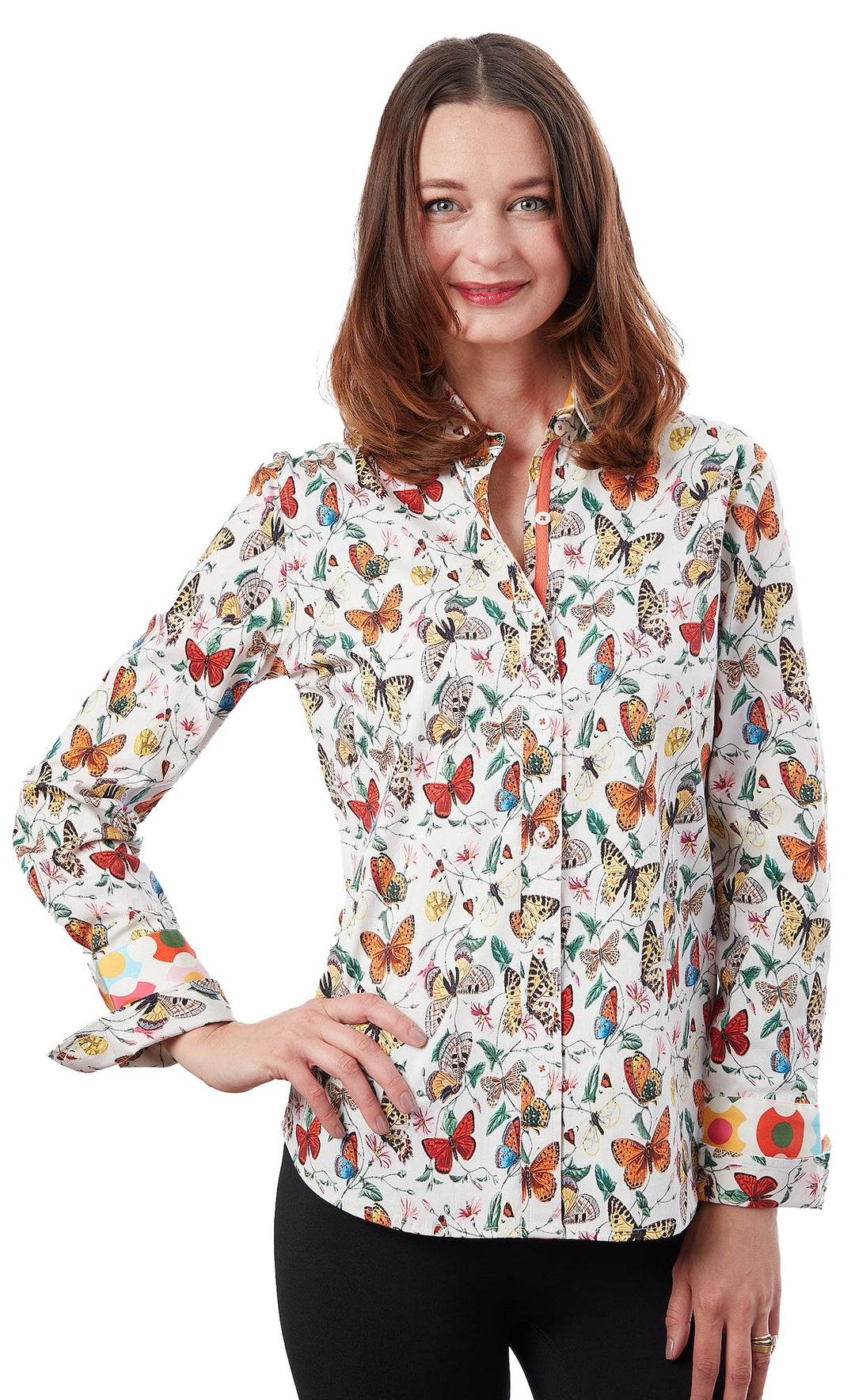 Dizzy-Lizzie Rome Long Sleeve Shirt - White Flame Butterflies available at Barbara Katz