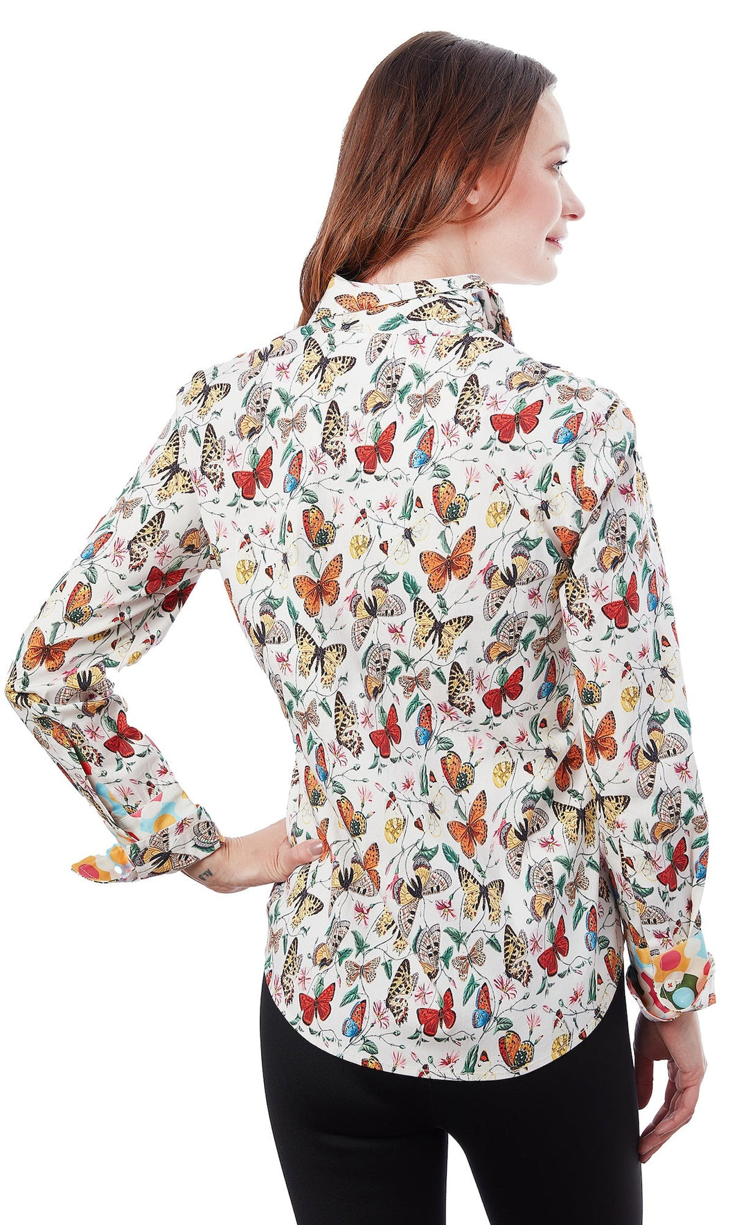 Dizzy-Lizzie Rome Long Sleeve Shirt - White Flame Butterflies available at Barbara Katz