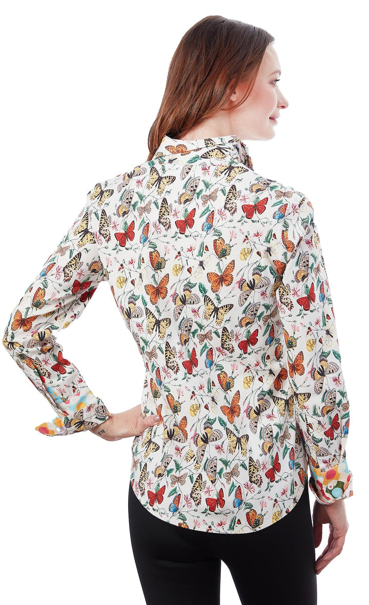 Dizzy-Lizzie Rome Long Sleeve Shirt - White Flame Butterflies available at Barbara Katz