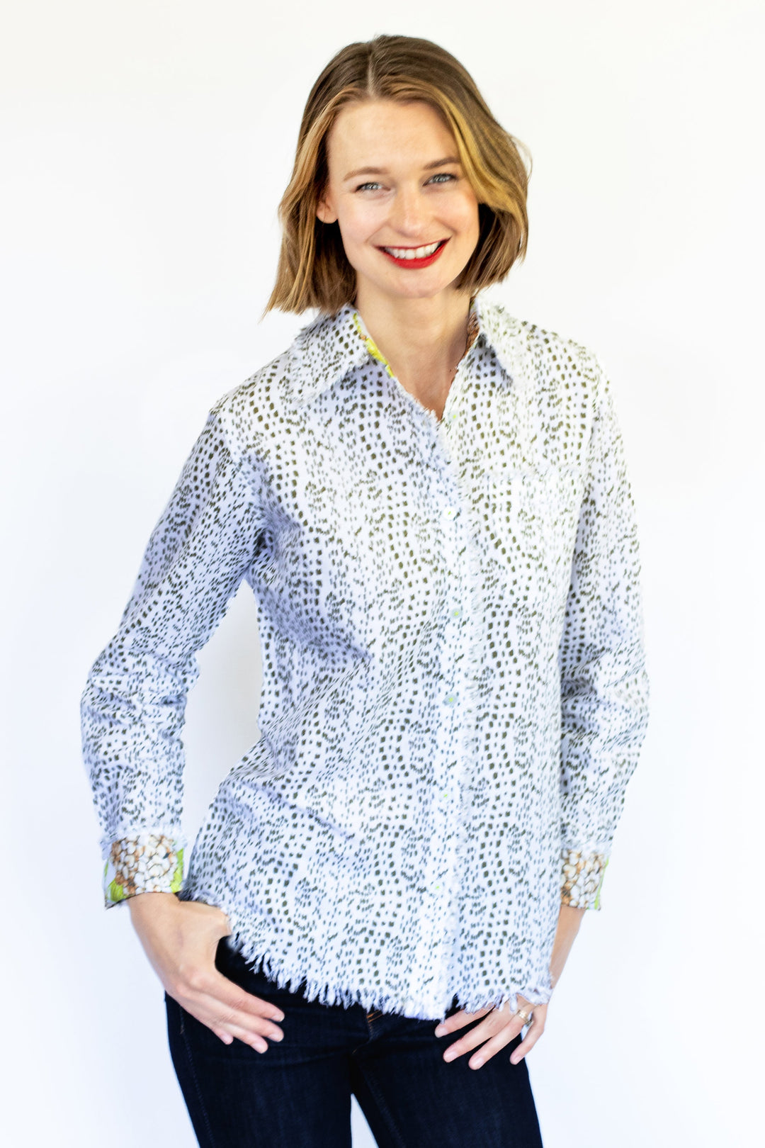 Dizzy-Lizzie Cape Cod Shirt - Green Dots Print available at Barbara Katz