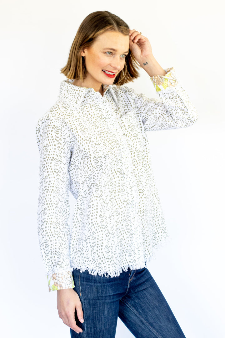 Dizzy-Lizzie Cape Cod Shirt - Green Dots Print available at Barbara Katz