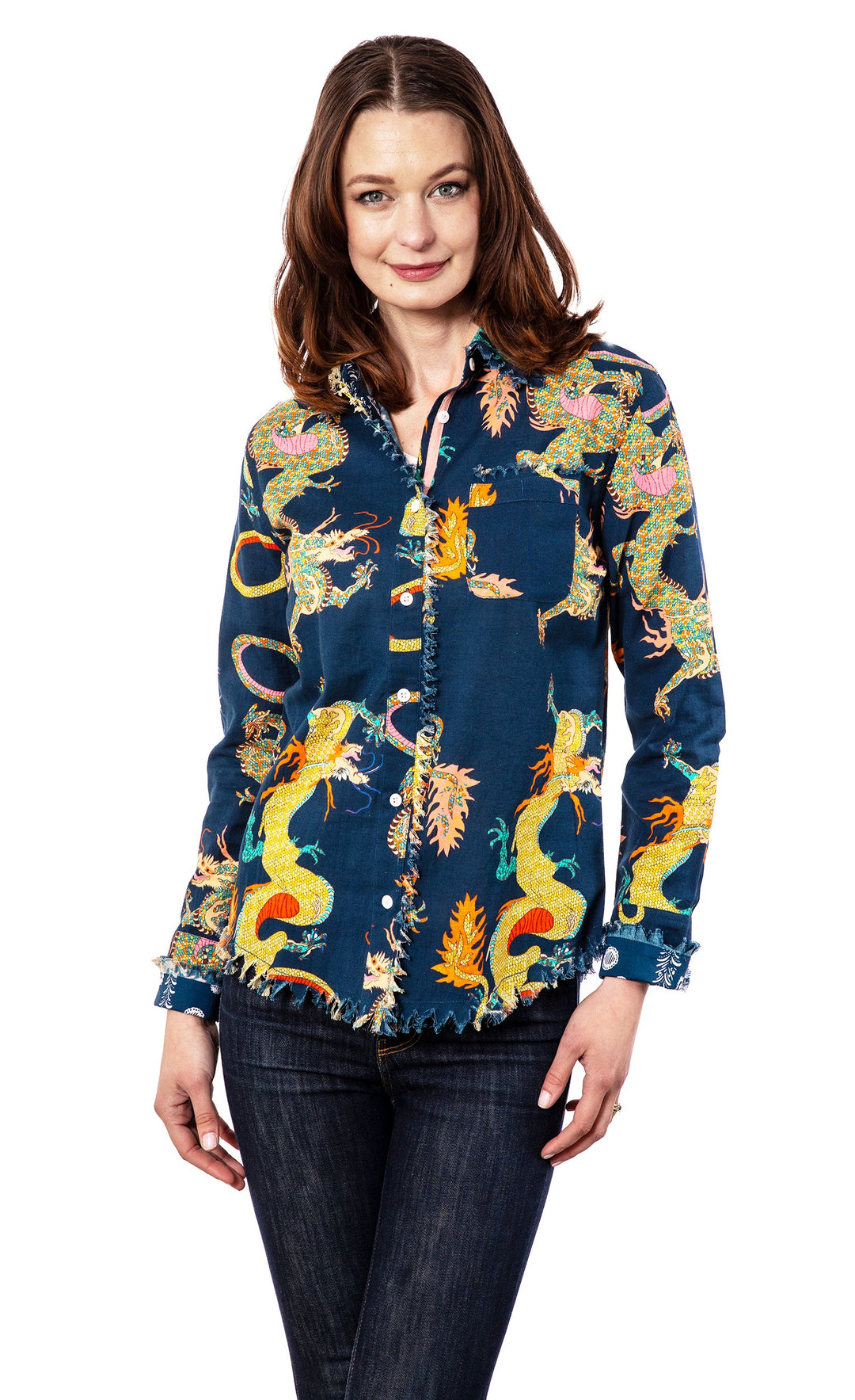 Dizzy-Lizzie Cape Cod Shirt - Navy Dragon Print available at Barbara Katz