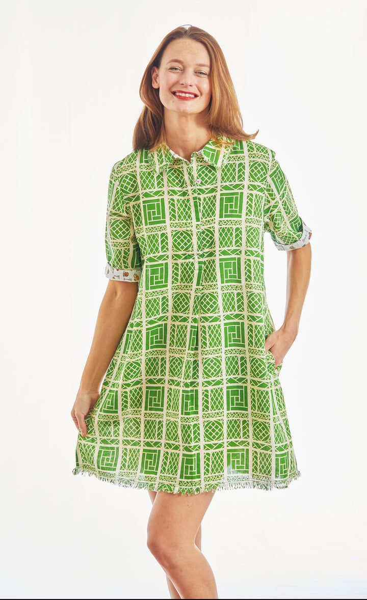 Chatham Dress Green And White Wicker Print Linen Cotton XS / 615A-S004