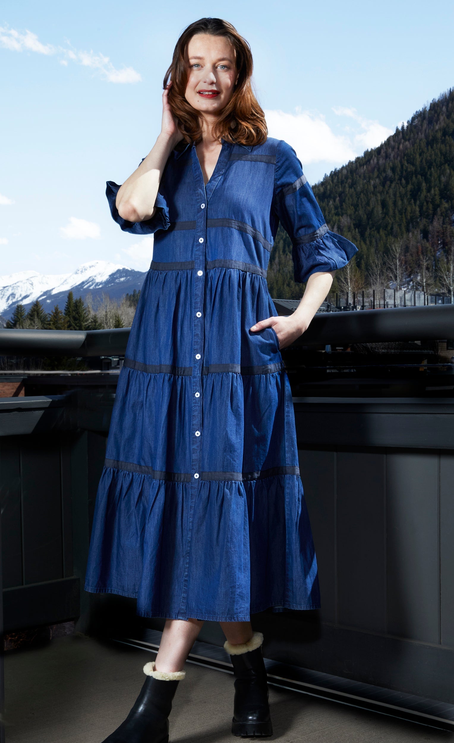geisha designs corset denim midi dress Geisha Designs V-Neck Tiered Denim Dress