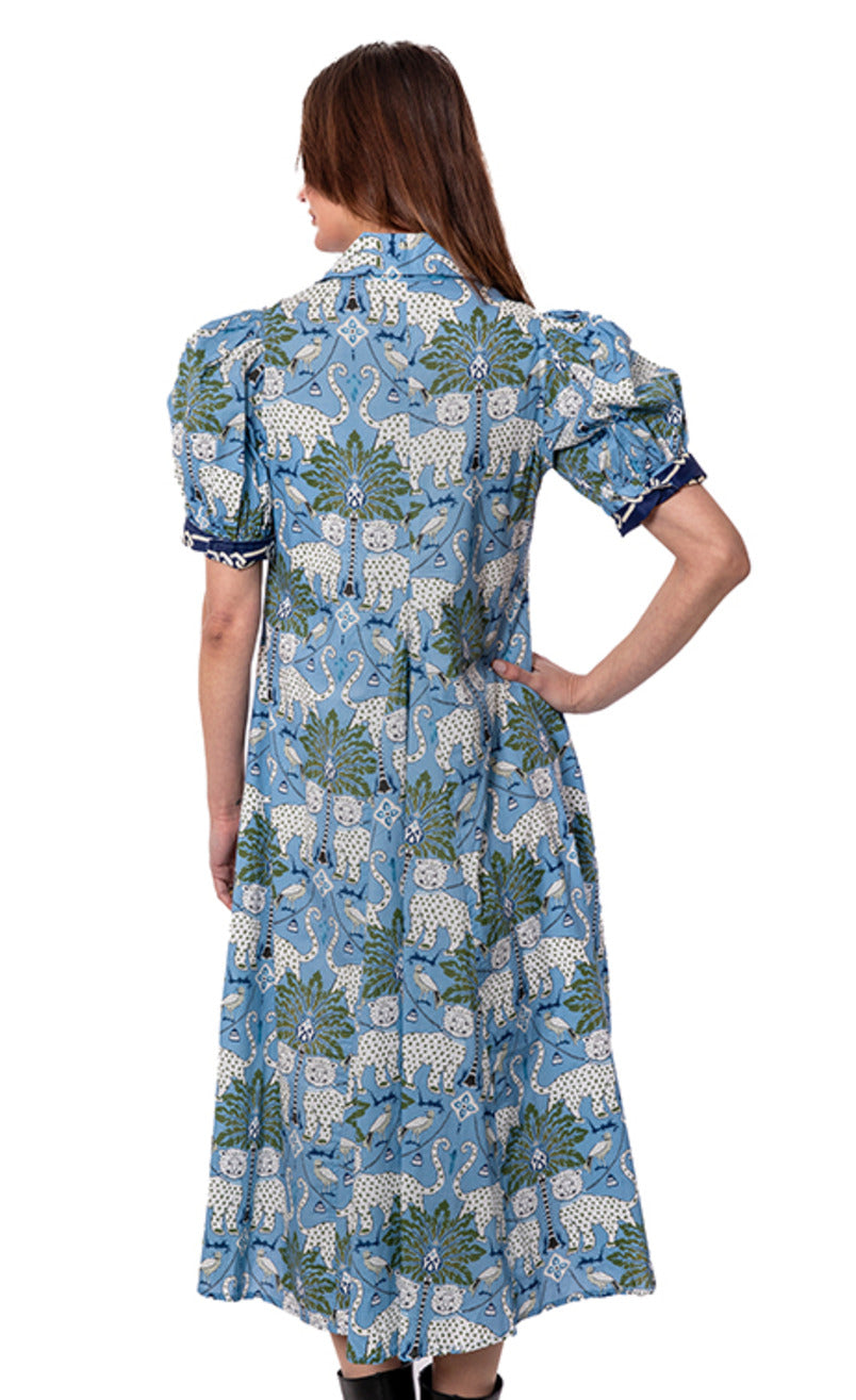 Dizzy-Lizzie Montauk Dress - Blue Ground with Cheetahs available at Barbara Katz