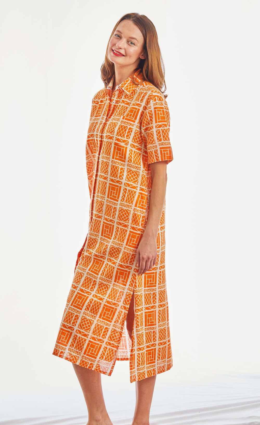 Breakers Dress, Long Shortsleeved Shirtdress With Long Slits Orange White Wicker Print XS / 6902-S003