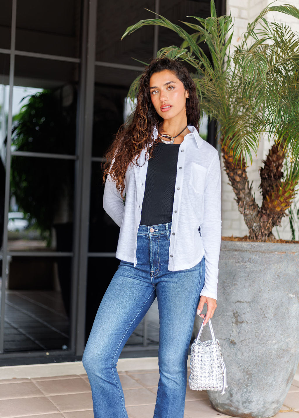 Goldie Cotton Variegated Rib Tank in Black layered with Elliott Lauren Reese Button Front Long Sleeve Shirt in White available at Barbara Katz