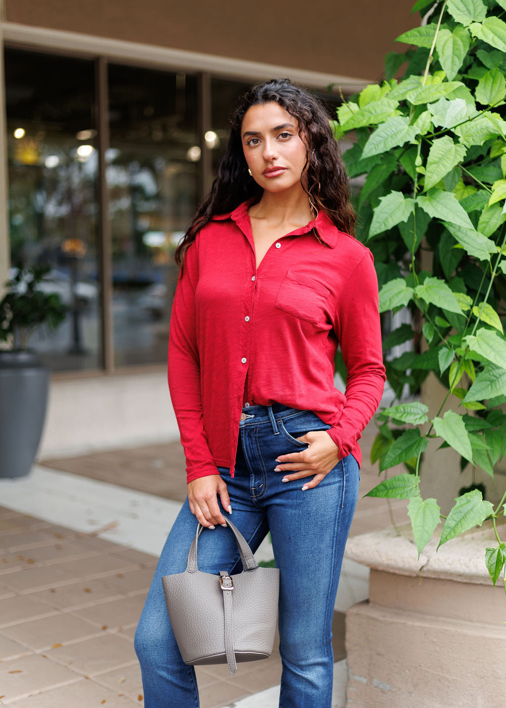 Elliott Lauren Reese Long Sleeve Button Front Shirt in Garnet with Remi/Reid Joya Mini Bucket Bag in Dark Grey available at Barbara Katz