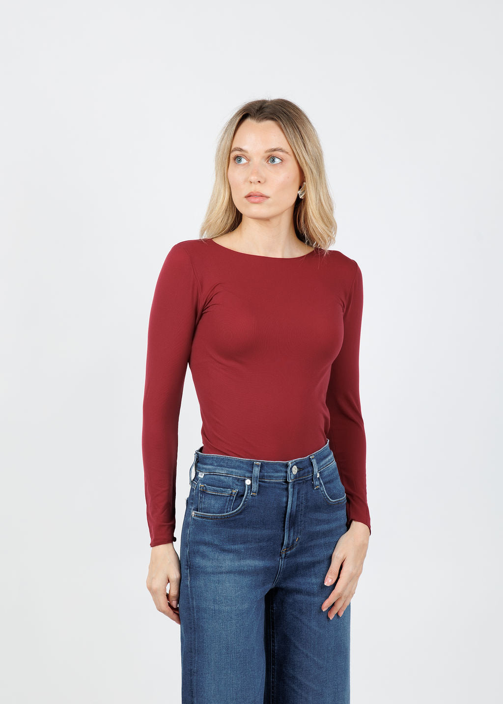 AMB Solid Raw Edge High Neck Second Skin Top in Oxblood available at Barbara Katz