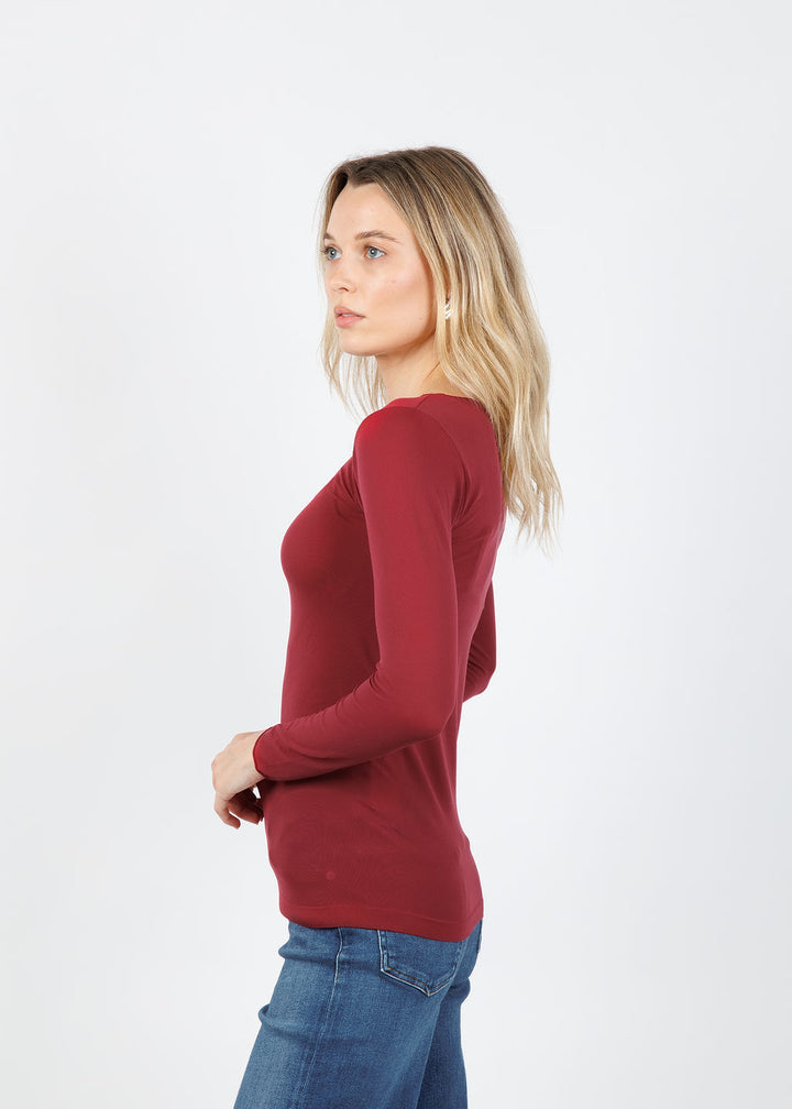 AMB Solid Raw Edge High Neck Second Skin Top in Oxblood available at Barbara Katz