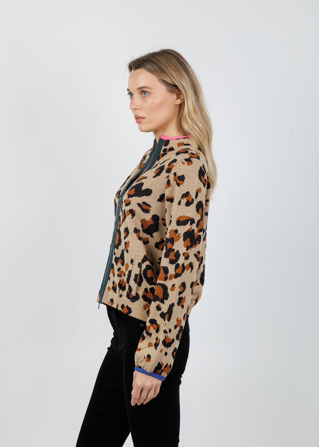 Aldomartins Olimpo Leopard Zip Sweater in Beige available at Barbara Katz