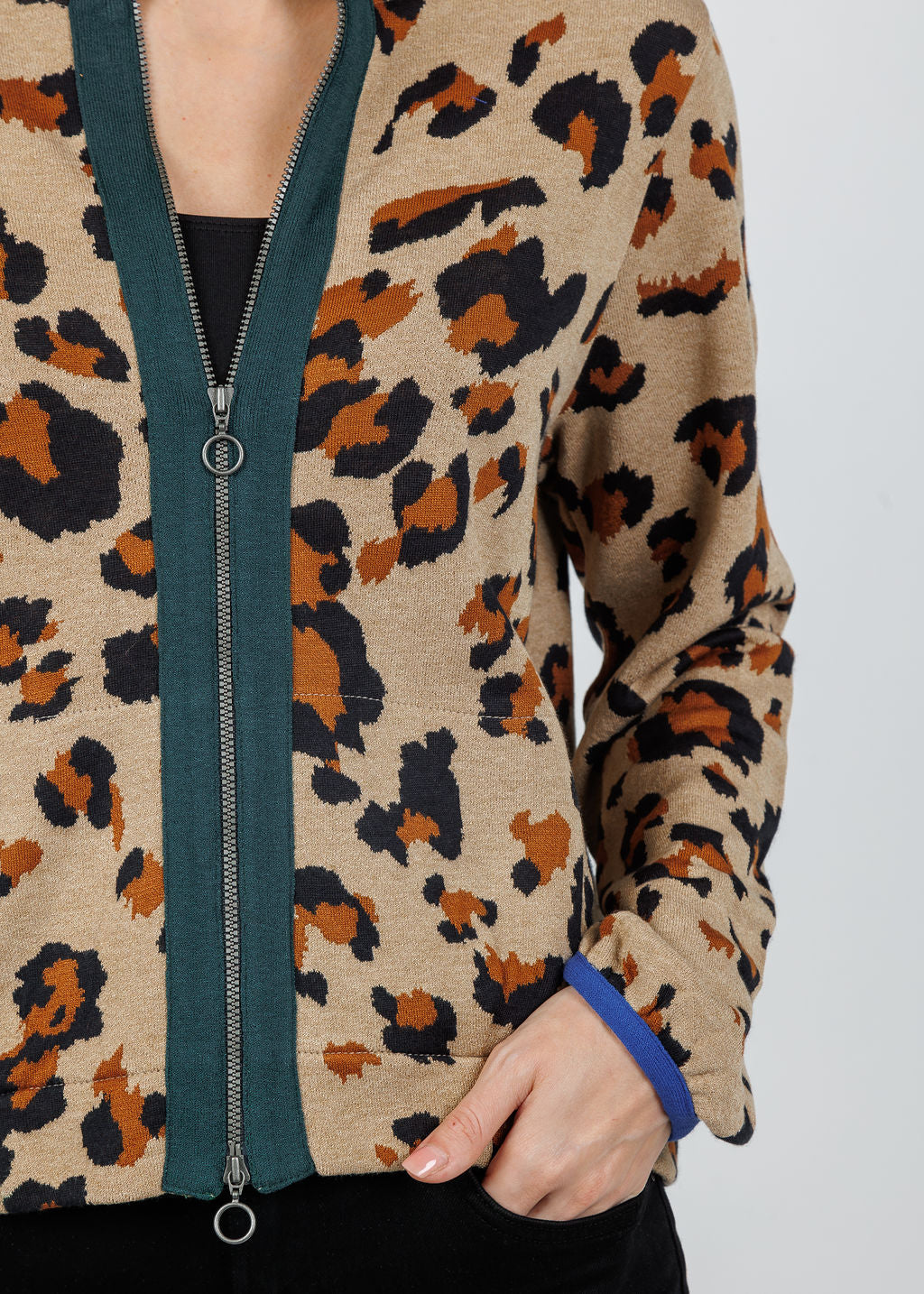 Aldomartins Olimpo Leopard Zip Sweater in Beige available at Barbara Katz