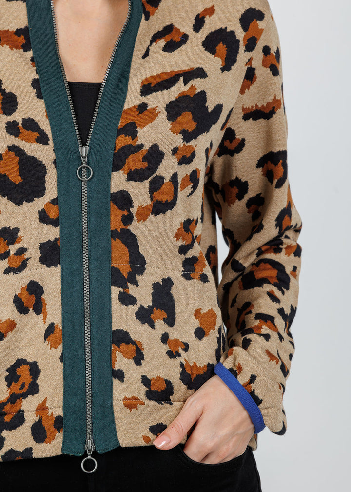 Aldomartins Olimpo Leopard Zip Sweater in Beige available at Barbara Katz
