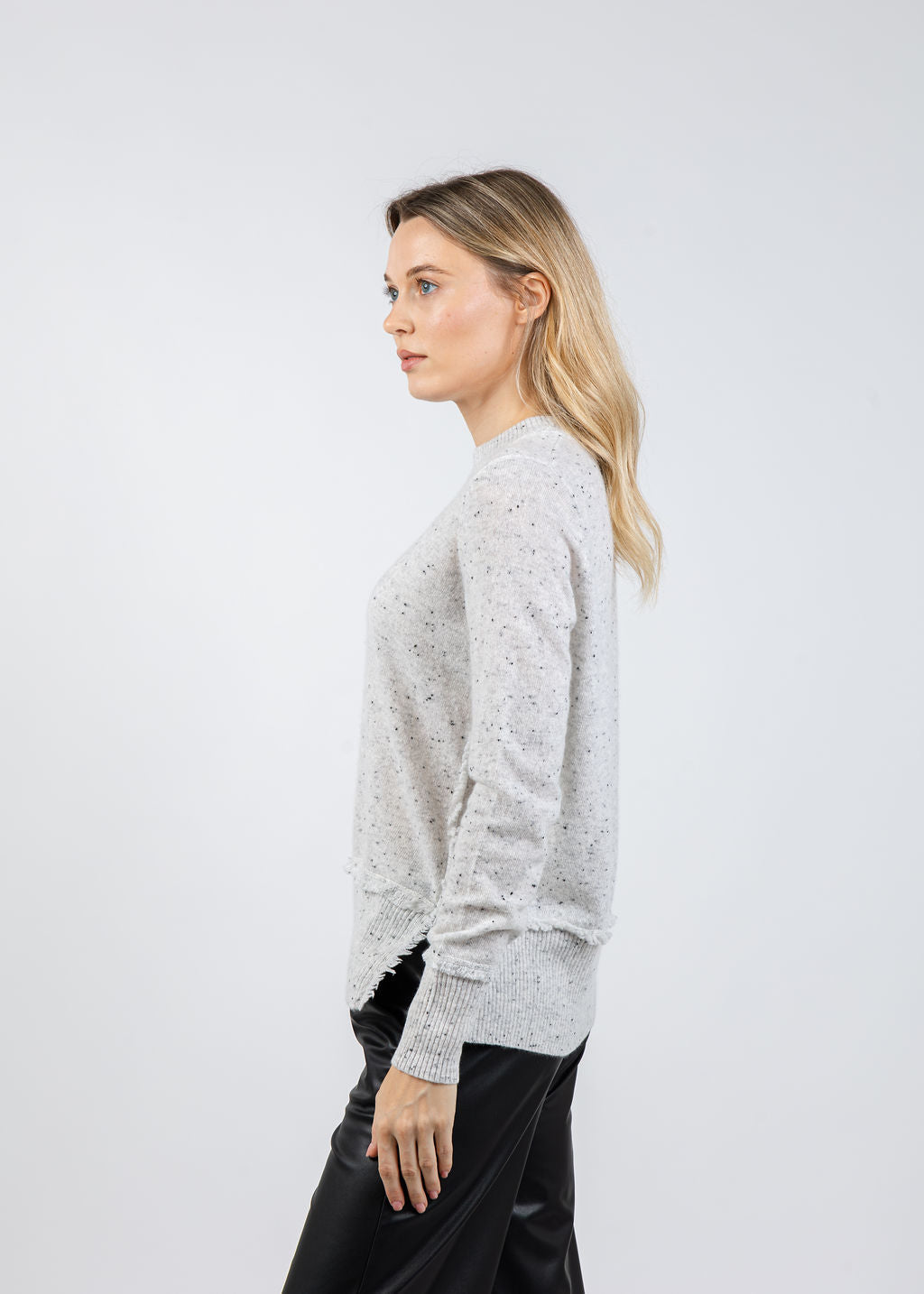 Autumn Cashmere Fringe Crew Sweater With Side Slits in Husky available at Barbara Katz