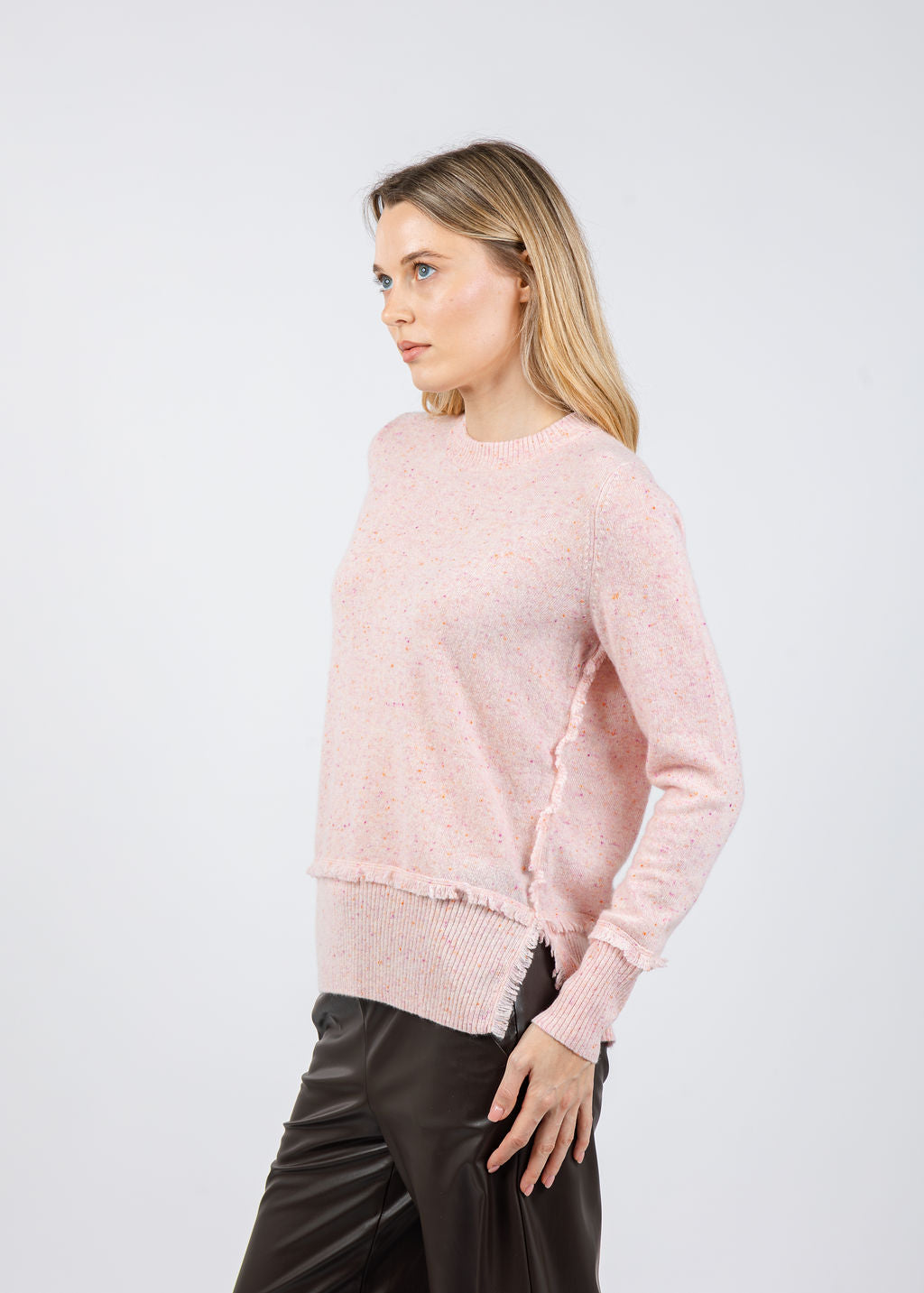 Autumn Cashmere Fringe Crew Sweater With Side Slits in Pinkberry available at Barbara Katz