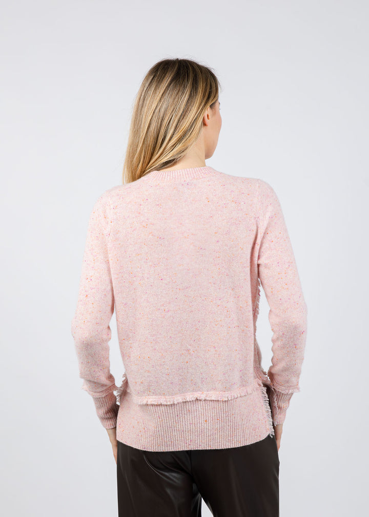 Autumn Cashmere Fringe Crew Sweater With Side Slits in Pinkberry available at Barbara Katz