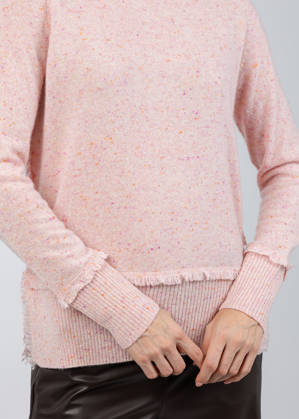 Autumn Cashmere Fringe Crew Sweater With Side Slits in Pinkberry available at Barbara Katz