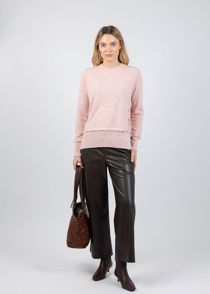 Autumn Cashmere Fringe Crew Sweater With Side Slits in Pinkberry available at Barbara Katz