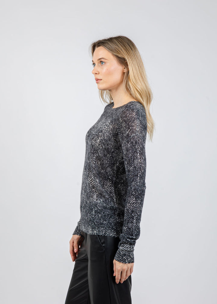 Autumn Cashmere Herringbone Print Raw Edge Crew Sweater in Neutral Combo available at Barbara Katz